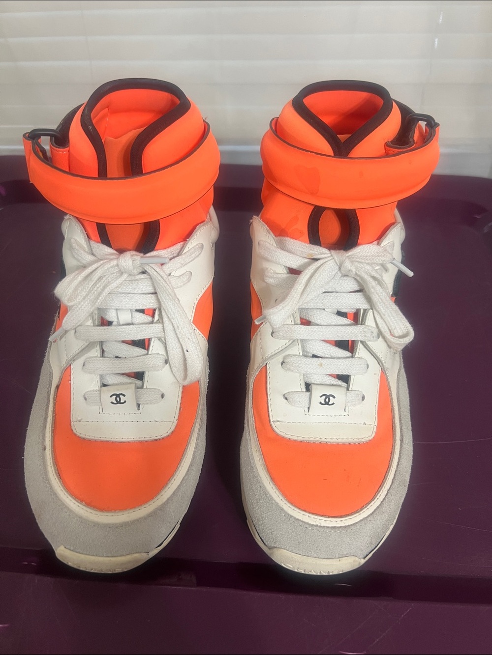 High-Top Sneakers in Neon Orange and White
